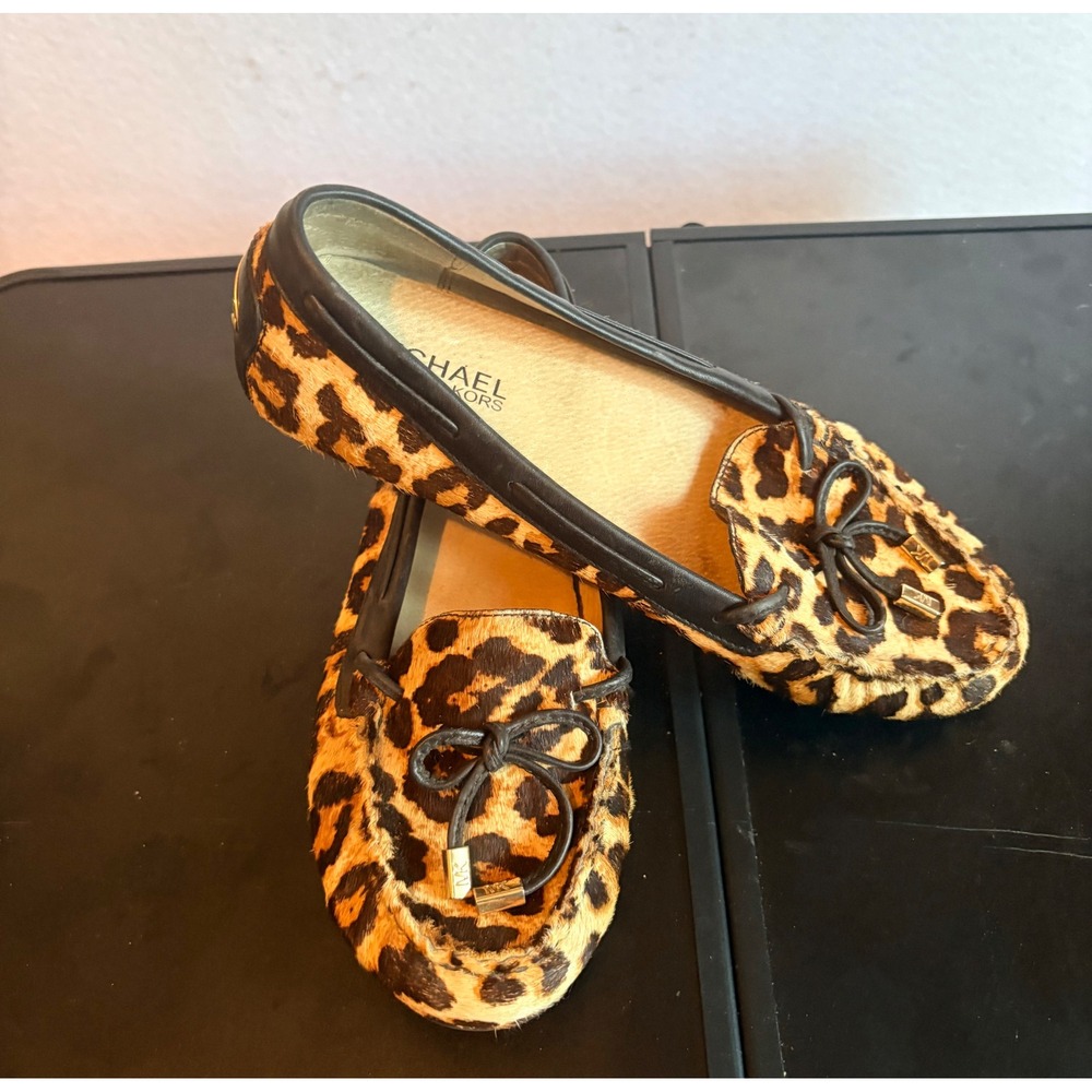 Michael Kors Leopard Haircalf Loafers Brown Tan‎ Womens 7M MK Logo